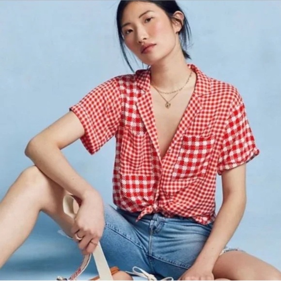 Anthropologie | Maeve | Bon Voyage Red Check Houndstooth Button Shirt | Sz M - Picture 1 of 9